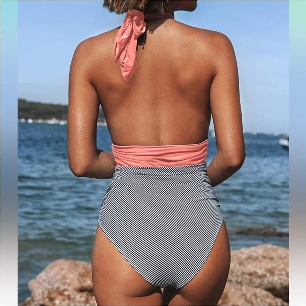 Blush and Stripe Halter Tummy Control One Piece Swimsuit NWT Size L
